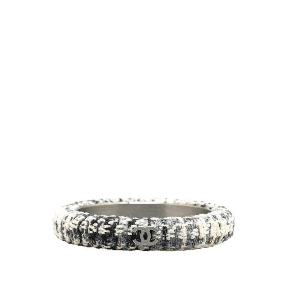 Chanel CC Logo Tweed Metal Bangle White